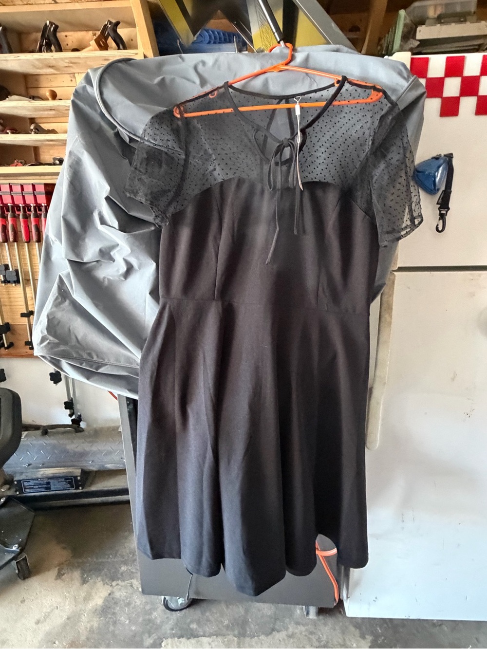 Black Women's Fit-and-Flare Dress with Sheer Dot Yoke